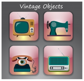 vintage objects vector illustration on pink squares