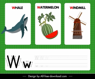 w alphabet teaching template whale watermelon windmill sketch