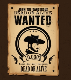 wanted template cowboy icon retro paper