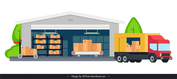 warehouse logistics design elements transportation vehicles goods sketch