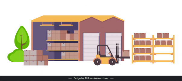 warehouse scene icon colored flat goods vehicle sketch