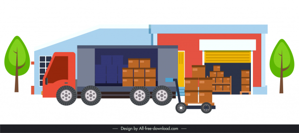 warehouse work design elements truck forklift goods flat outline