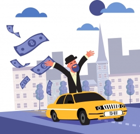 wealth background man car flying money icons