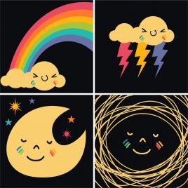 weather design elements rainbow cloud moon lightning icons