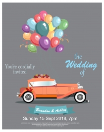 wedding banner design with vintage car and balloons