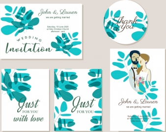 wedding invitation card template green leaf couple icons