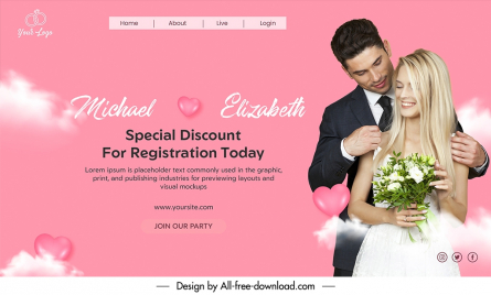 wedding landing page template elegant clouds hearts couple