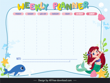 weekly planner template cute cartoon marine elements sketch