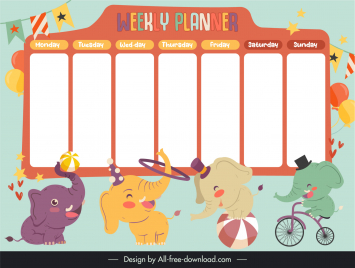 weekly planner template cute funny dynamic elephants circus performance sketch