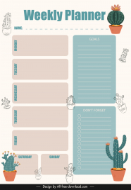 weekly planner template flat classical cactus flowerpots sketch