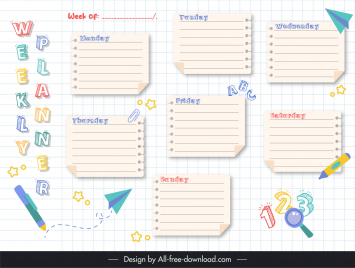 weekly planner template stick notes handdrawn texts education elements sketch