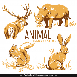 wild animals icons retro reindeer rhino rabbit squirrel sketch