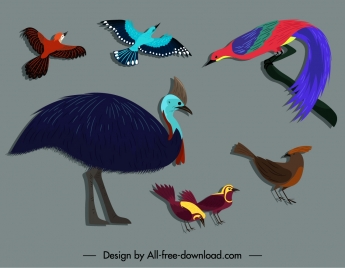 wild birds icons colorful flat sketch