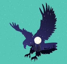 wild nature background silhouette eagle moonlight trees icons decor