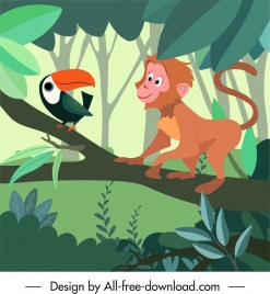 wild nature painting bird monkey sketch cartoon design