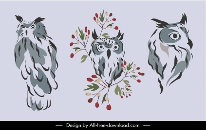 wild owl icons classic handdrawn sketch
