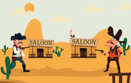 wild west background fighting cowboy icons colored cartoon