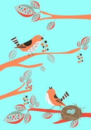 wildlife background bird nest icon colored cartoon design