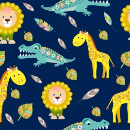 wildlife background crocodile giraffe lion icons repeating design