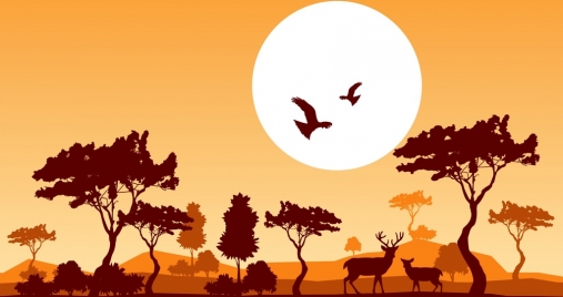 wildlife background reindeer birds moon icons silhouette design