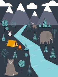 wildlife camping background animals tent campfire trees icons