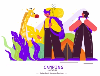 wildlife camping painting hikers giraffe sketch cartoon design