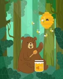 wildlife drawing bear honey bees icons green forest