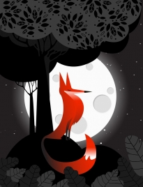 wildlife drawing fox bright moonlight tree icons decoration