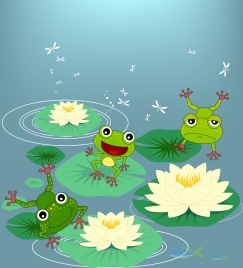 wildlife drawing green frog lotus icons colored cartoon