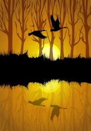 wildlife landscape painting dark silhouette reflection decor