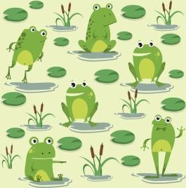 wildlife painting green frogs icons cute cartoon design