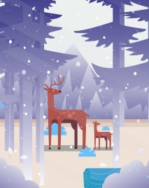 wildlife painting reindeer forest snowfall icons cartoon design