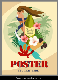 wine advertising poster lady tropical plants decor
