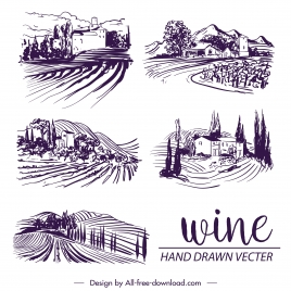 wine label decor elements vintage handdrawn countryside scene
