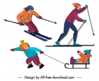 winter activities icons joyful people sketch cartoon characters