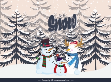 winter background cute stylized snowman fir tree decor