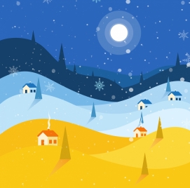 winter background moonlight snowflakes town icons decor