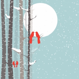 winter background red silhouette birds falling snow backdrop