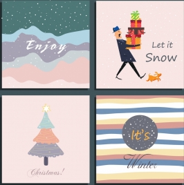 winter background templates snowfall gifts fir trees icons