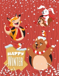 winter banner stylized animals snowy icons colored cartoon