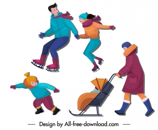 Winter activities icons cartoon characters sketch vectors stock in format  for free download 