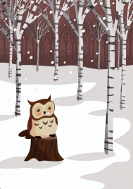 winter forest background falling snow owl icons decor