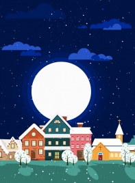 winter landscape background round moon houses icons decor