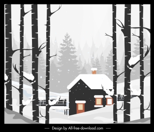 winter landscape painting colored retro decor cottage sketch