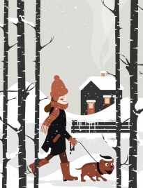 winter painting walking woman dog snowy landscape icons