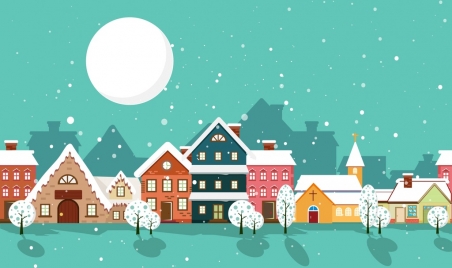 winter scenery background colorful houses under moonlight design