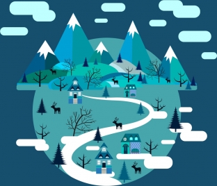 winter scenery background mountain village decoration circle design