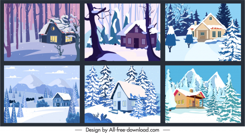 winter scenery background templates colored classical sketch