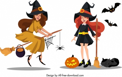 witch icon cute young girls sketch colored cartoon