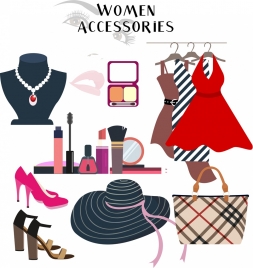 woman accessories icons colorful objects design